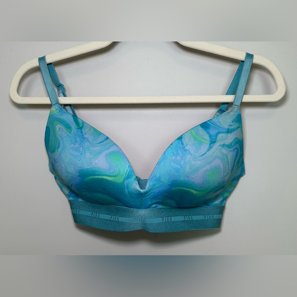 PINK Victorias Secret Aqua Wireless Push Up Plunge Bra Teal Blue Green Logo 34DD
